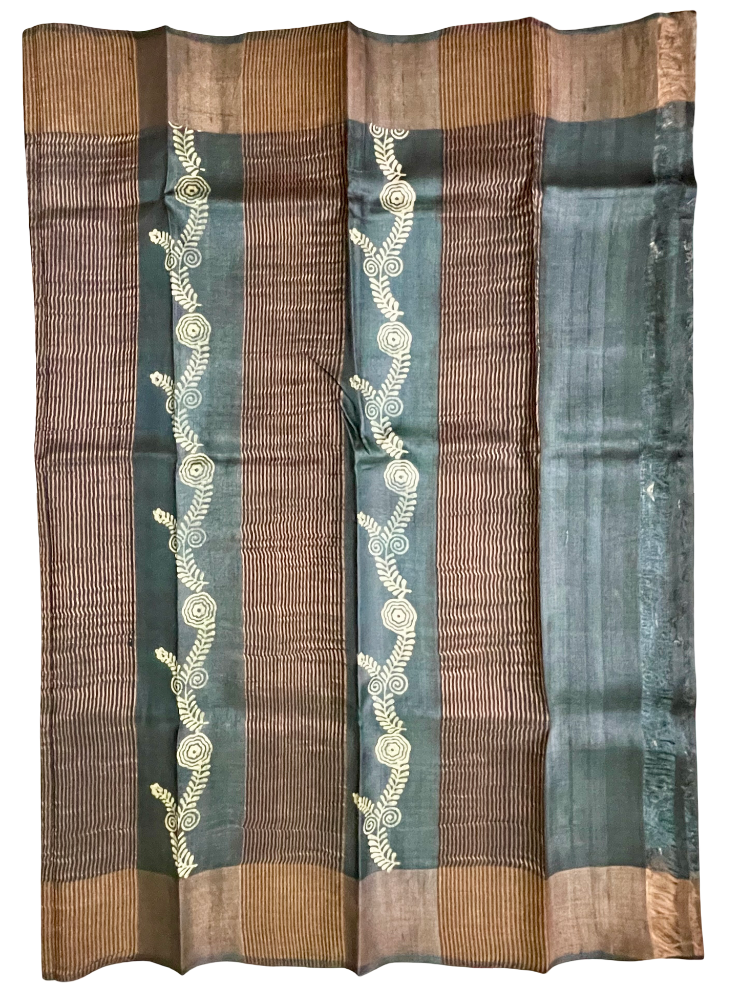 Pure Tussar Silk Block Print Saree – Black with Copper Zari Border