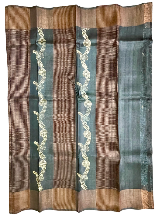 Pure Tussar Silk Block Print Saree – Black with Copper Zari Border