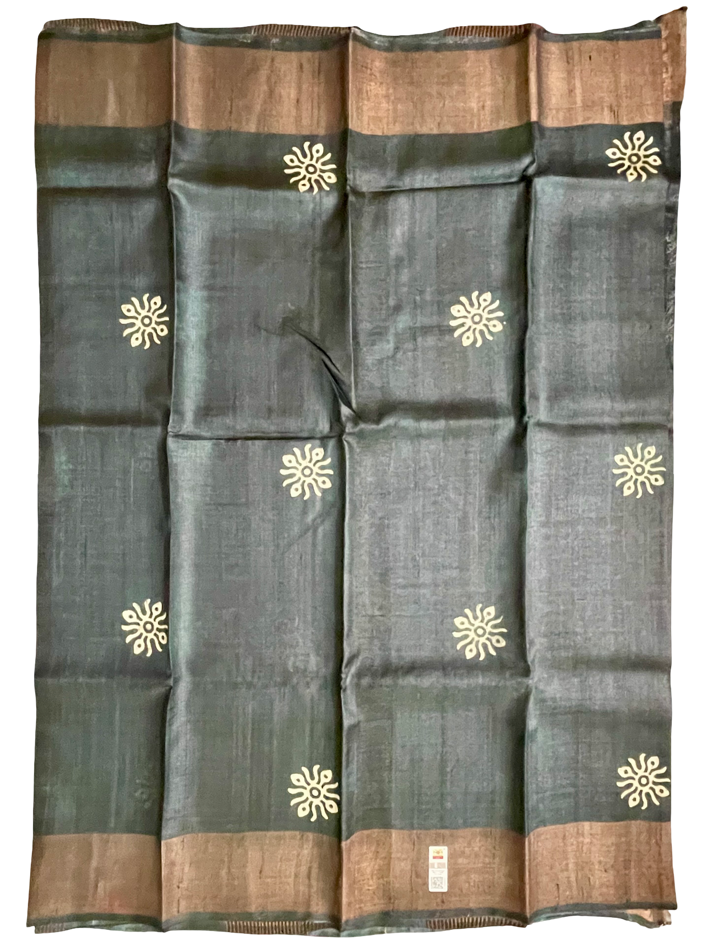 Pure Tussar Silk Block Print Saree – Black with Copper Zari Border