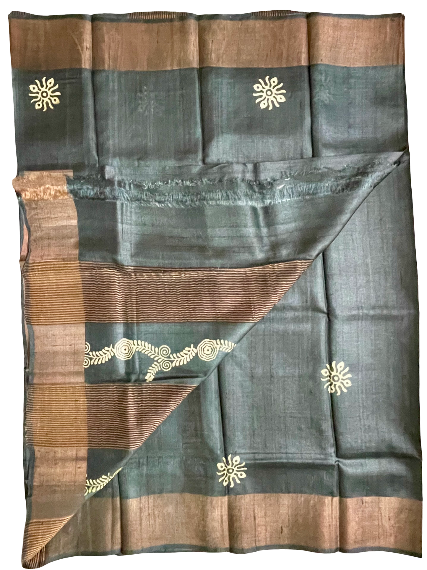 Pure Tussar Silk Block Print Saree – Black with Copper Zari Border
