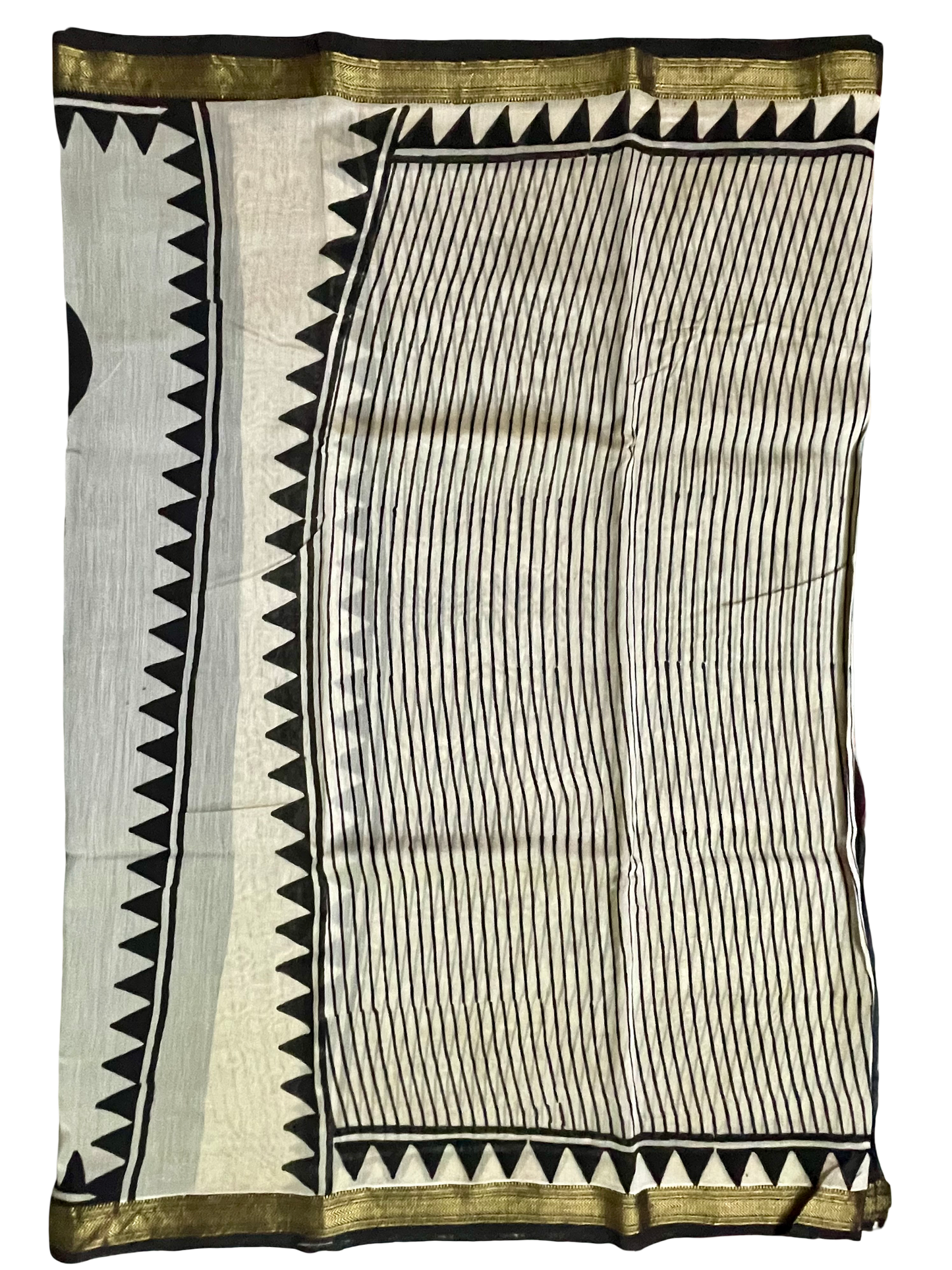 Maheshwari Silk Bagru Block Print Saree – Black & White with Zari Border