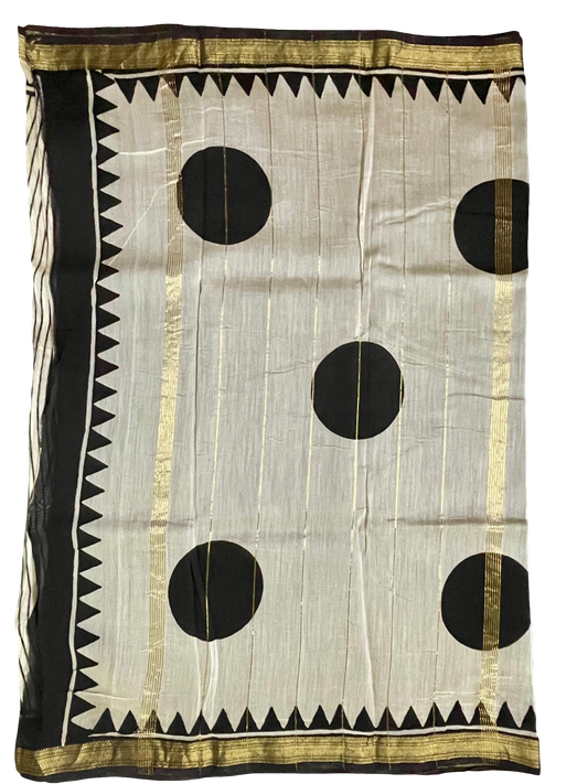 Maheshwari Silk Bagru Block Print Saree – Black & White with Zari Border