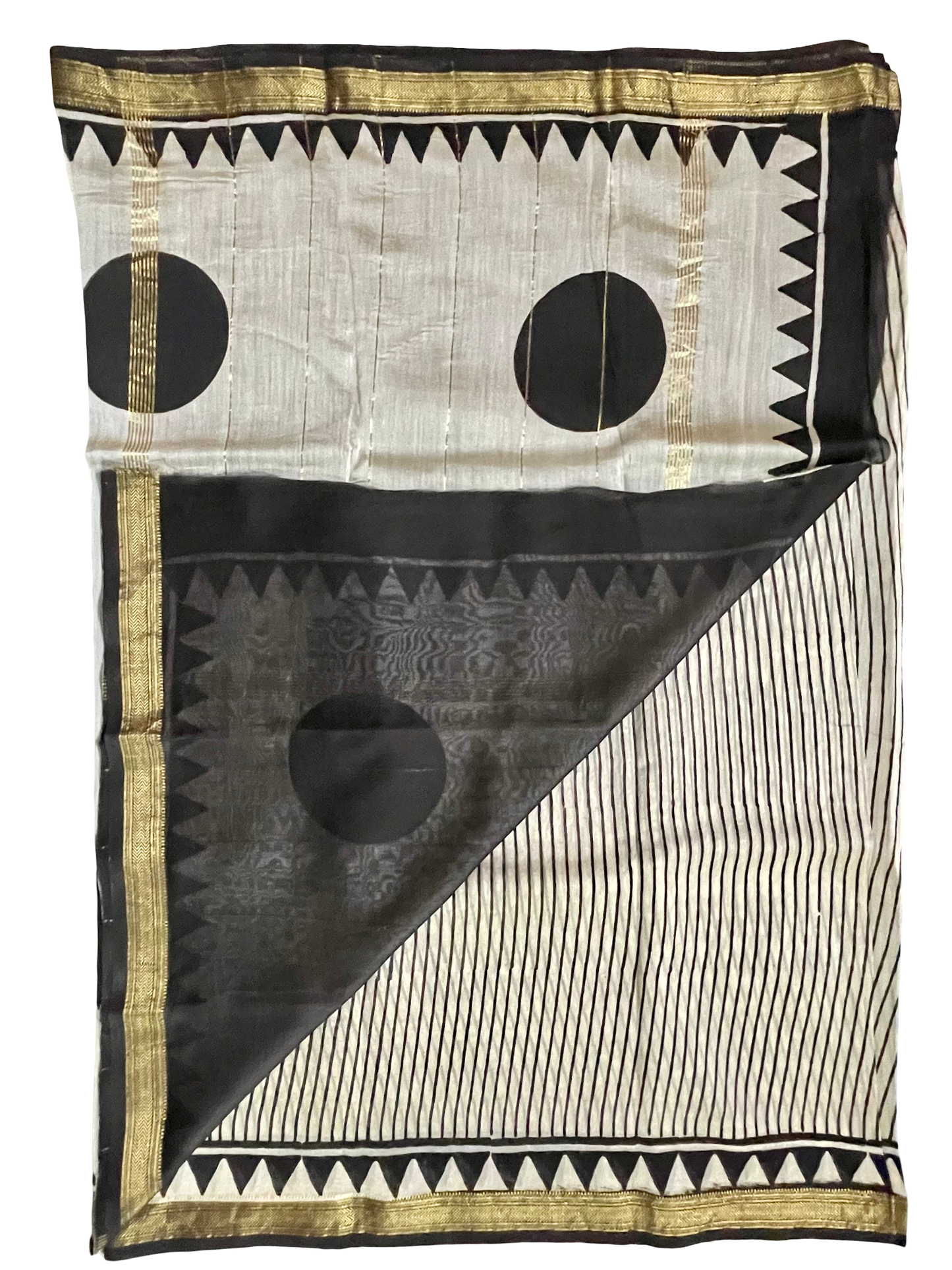 Maheshwari Silk Bagru Block Print Saree – Black & White with Zari Border