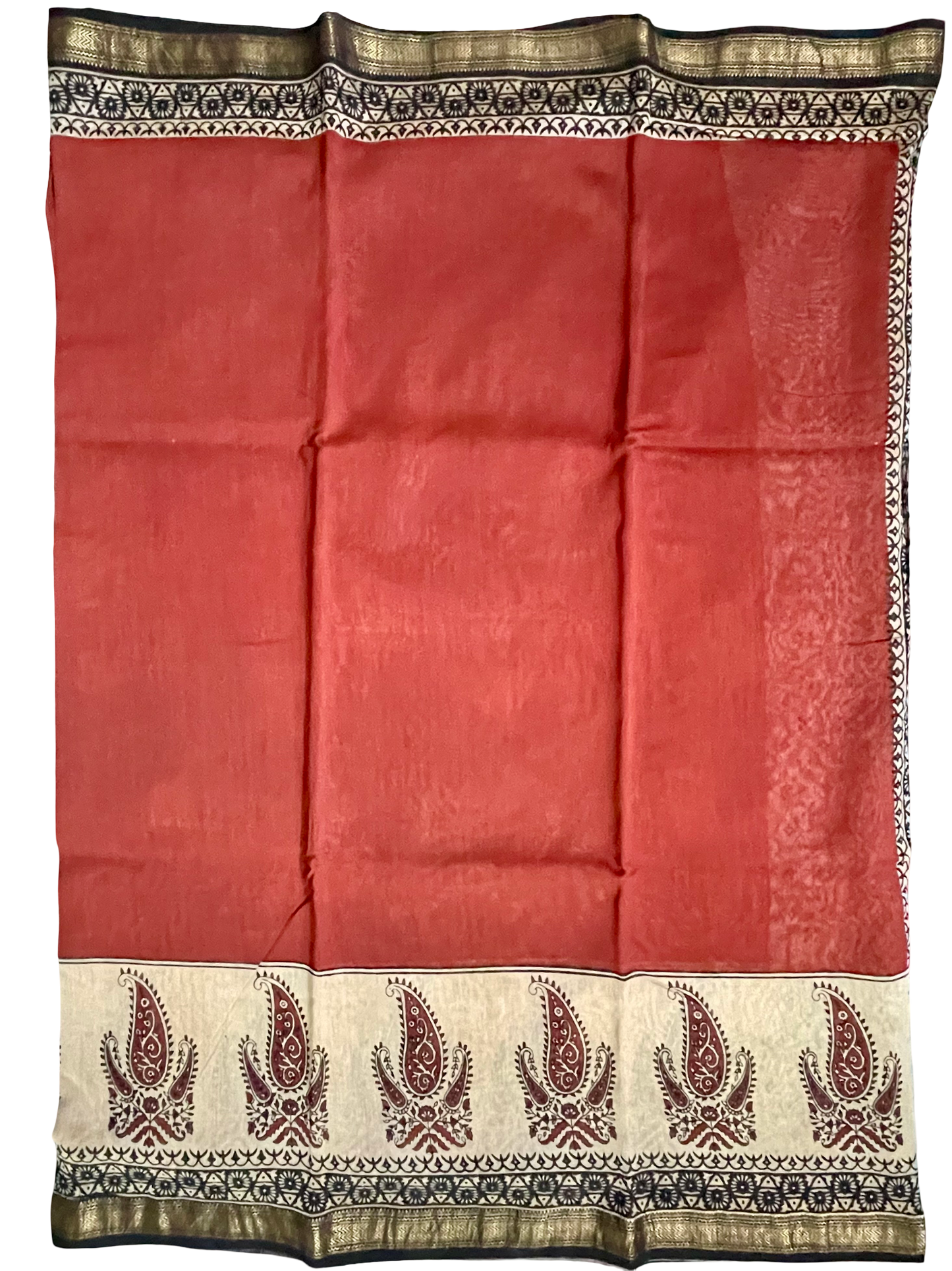 Maheshwari Silk Bagru Block Print Saree – Red & Black with Zari Border
