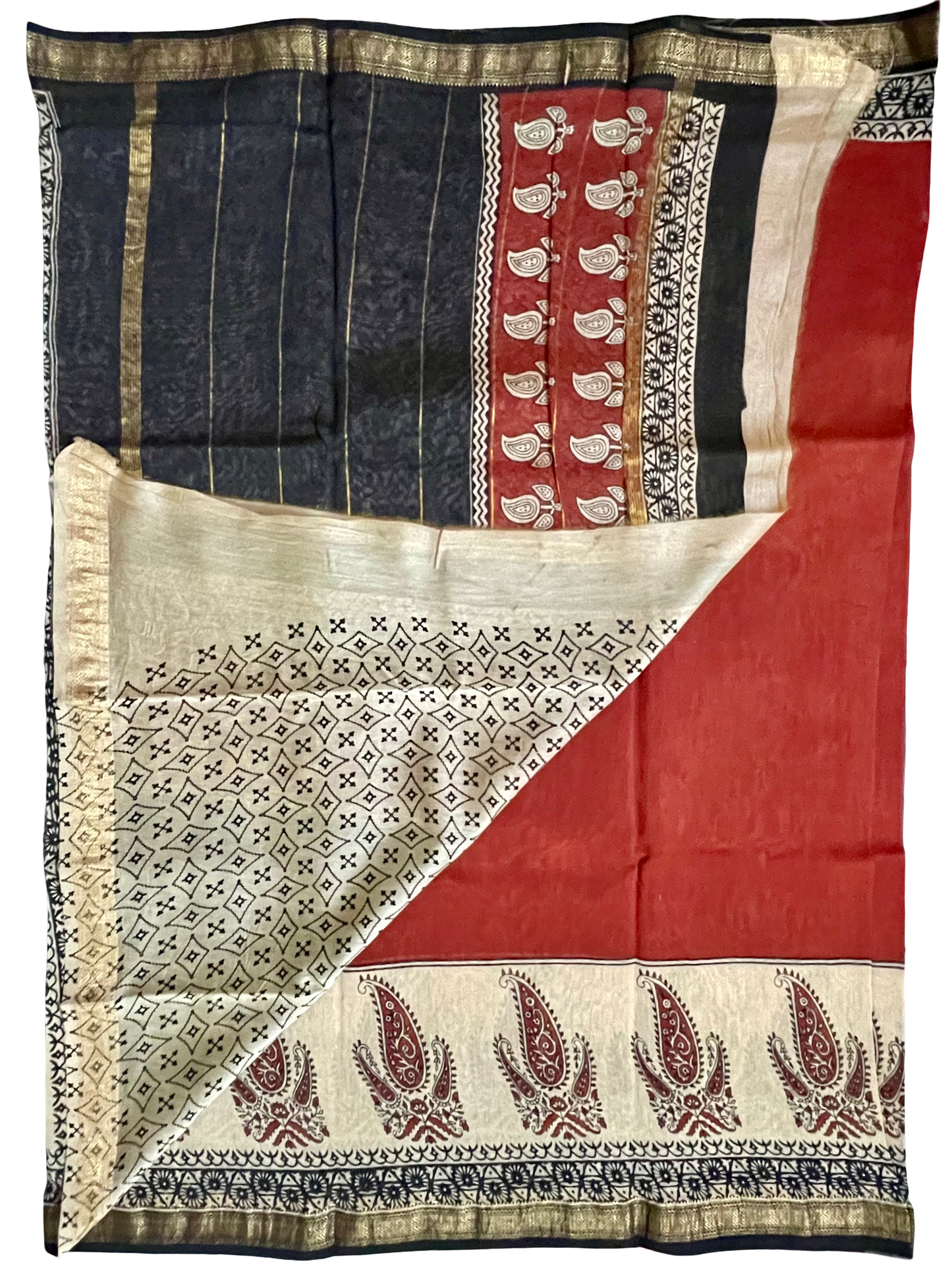Maheshwari Silk Bagru Block Print Saree – Red & Black with Zari Border