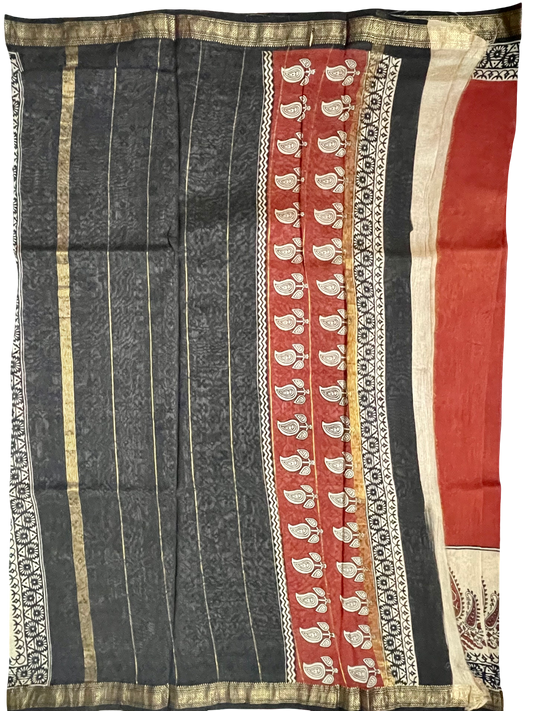 Maheshwari Silk Bagru Block Print Saree – Red & Black with Zari Border