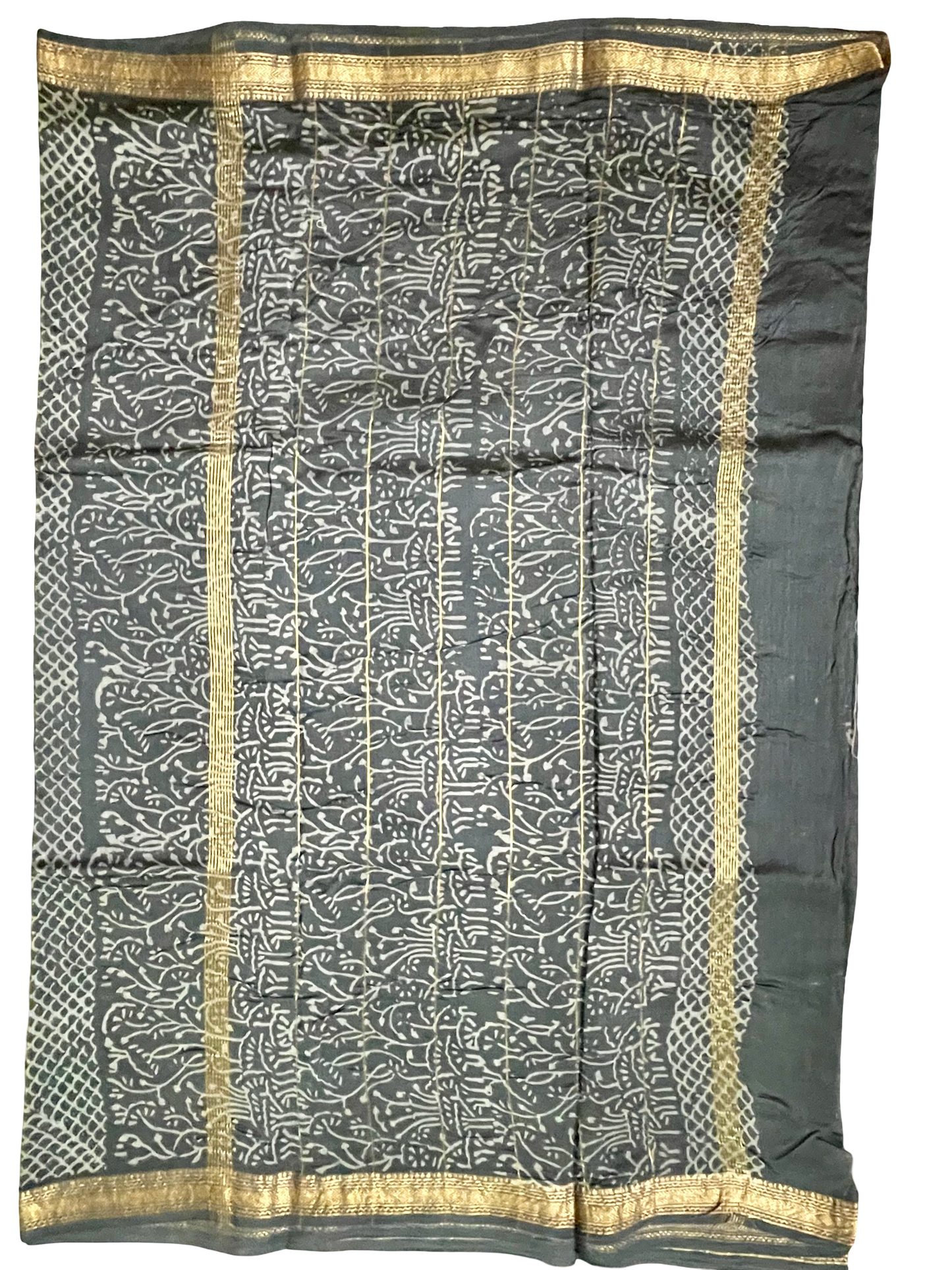 Maheshwari Silk Bagru Block Print Saree – Gray with Zari Border