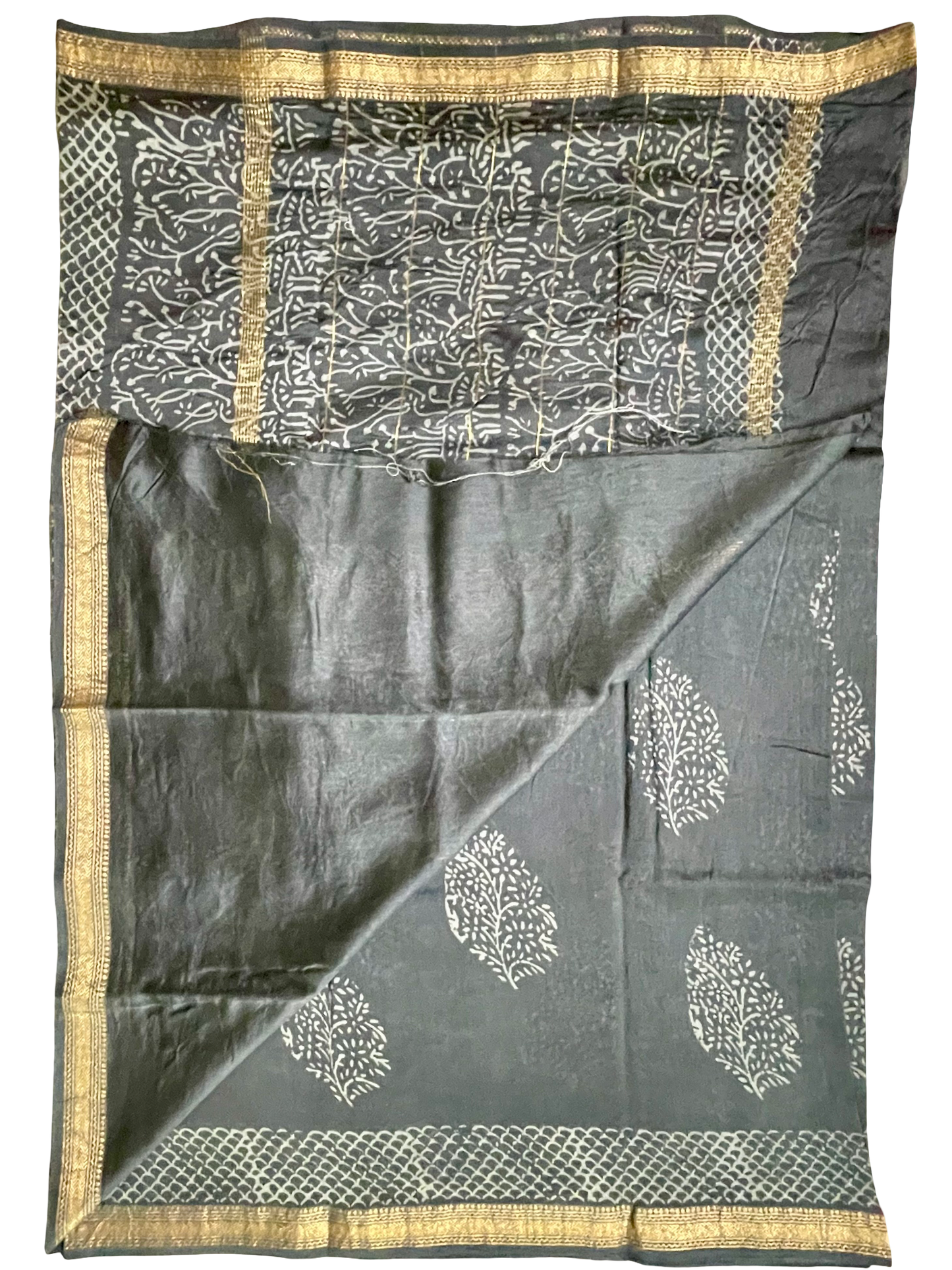 Maheshwari Silk Bagru Block Print Saree – Gray with Zari Border