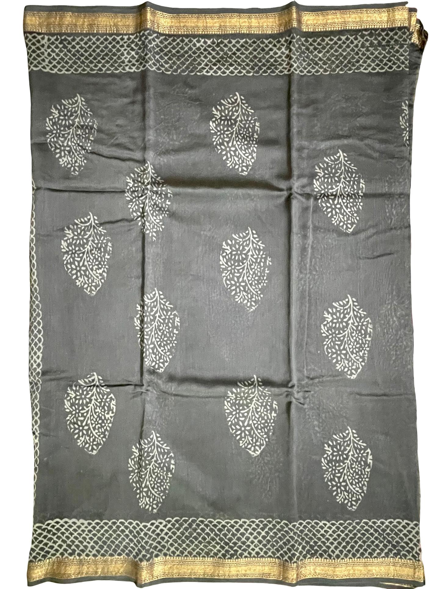 Maheshwari Silk Bagru Block Print Saree – Gray with Zari Border