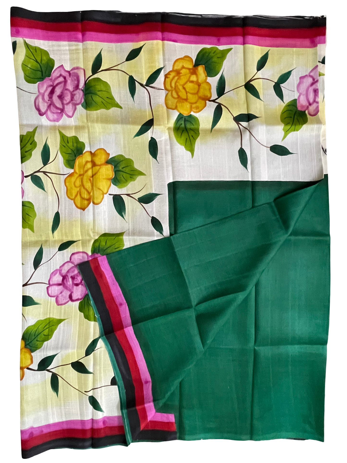 Bishnupuri Hand Painted Pure Silk Saree – Dark Bottle Green