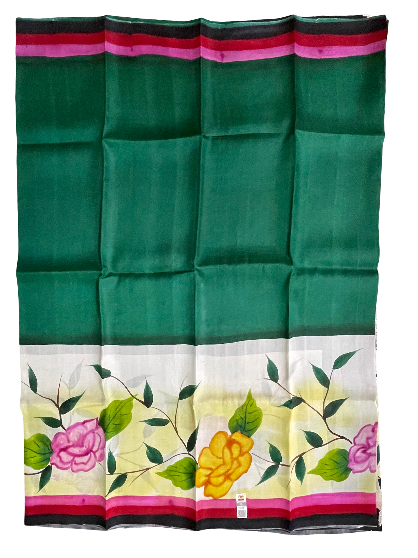Bishnupuri Hand Painted Pure Silk Saree – Dark Bottle Green