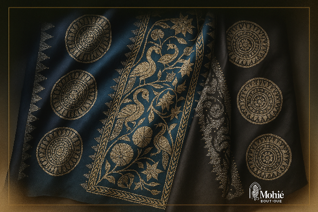 Decorative fabric with intricate patterns on a dark background