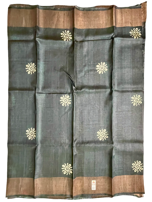 Pure Tussar Silk Block Print Saree – Black with Copper Zari Border