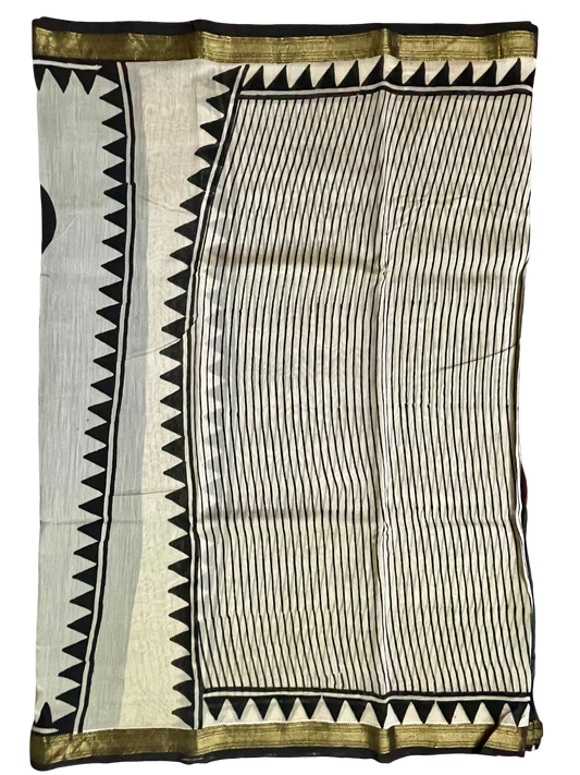 Maheshwari Silk Bagru Block Print Saree – Black & White with Zari Border