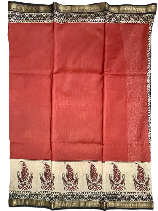 Maheshwari Silk Bagru Block Print Saree – Red & Black with Zari Border